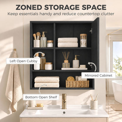 Wall-Mounted Bathroom Mirror Cabinet with Adjustable Shelves - Black Wood Effect