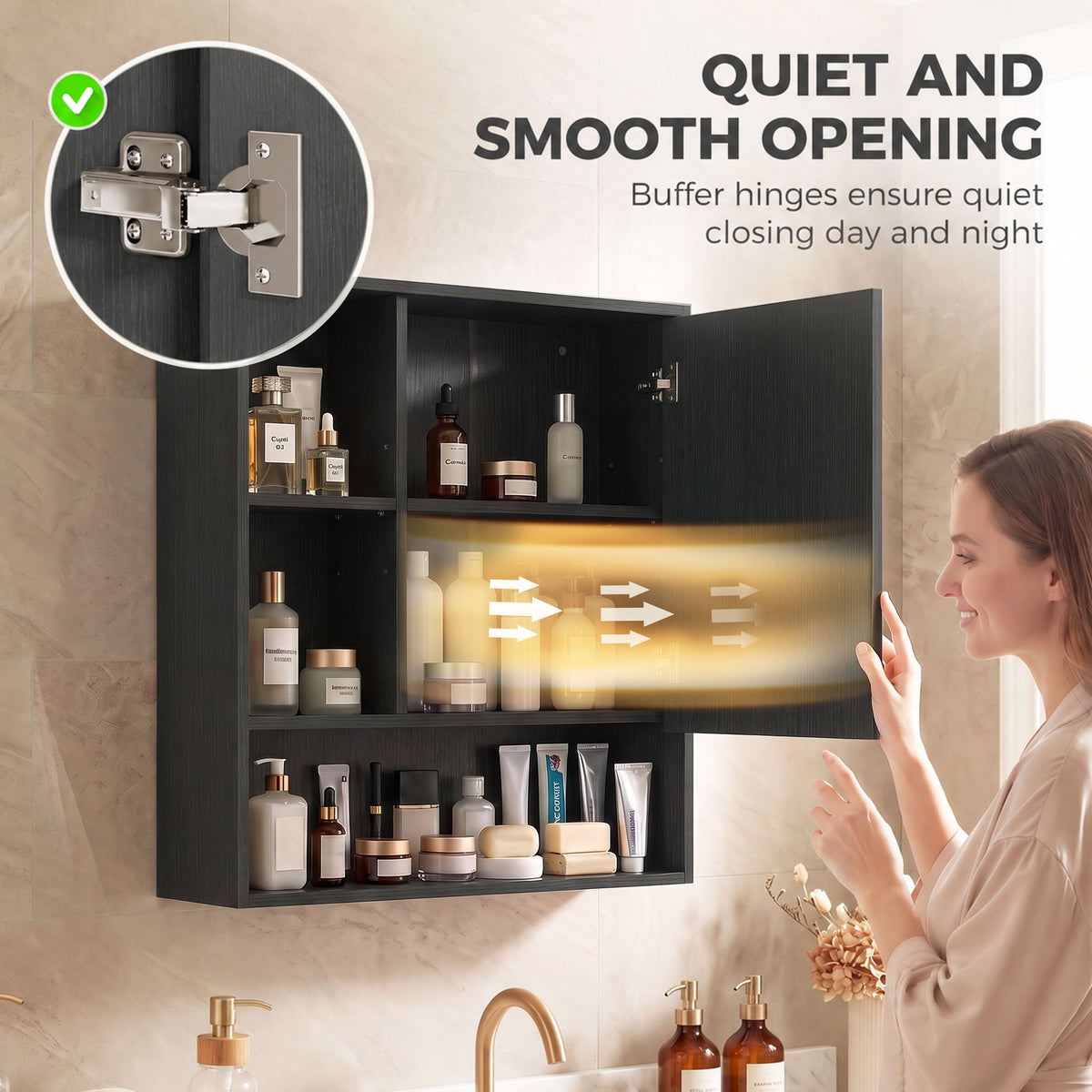 Wall-Mounted Bathroom Mirror Cabinet with Adjustable Shelves - Black Wood Effect