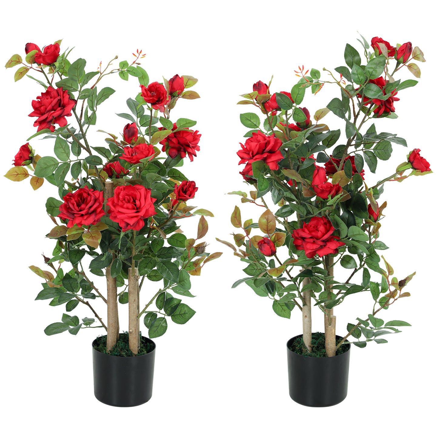 Artificial Rose Tree Set of 2 with 344 Silk Leaves & 17 Flowers, Red