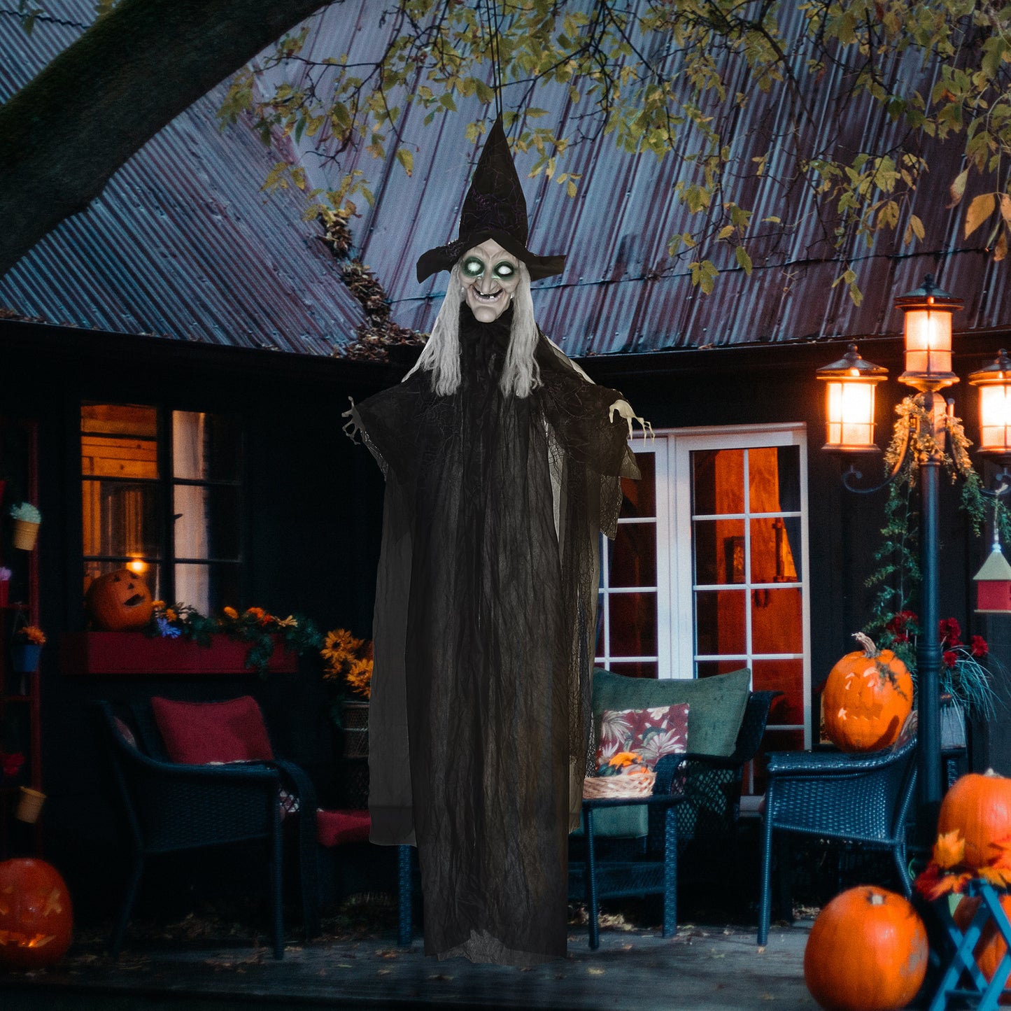 Hanging Witch Prop Life Size with Light Up Eyes, Talking Sound