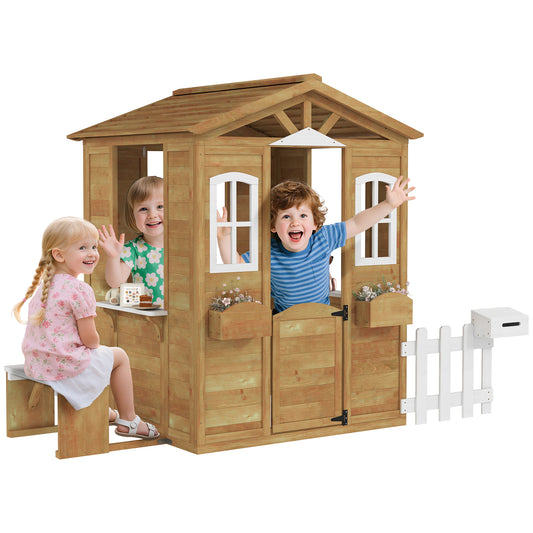 Wooden Outdoor Playhouse w/ Door Windows Bench for Kids Children