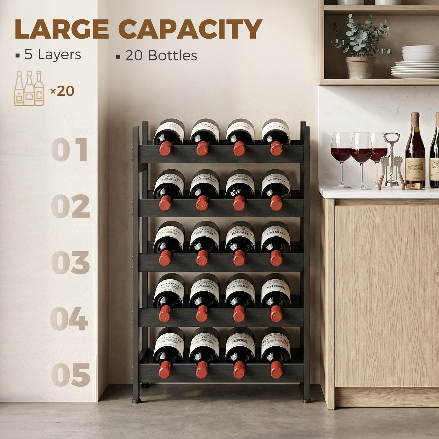 Wine Rack Freestanding 5-Tier 20-Bottle Capacity Black