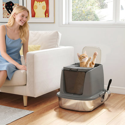 Stainless Steel Litter Box with Lid, Large Hooded Cat Litter Tray with Flip Cover, Metal Scoop, Deodoriser Bag, Non-Sticky, Odour Control and Easy Clean, Dark Grey