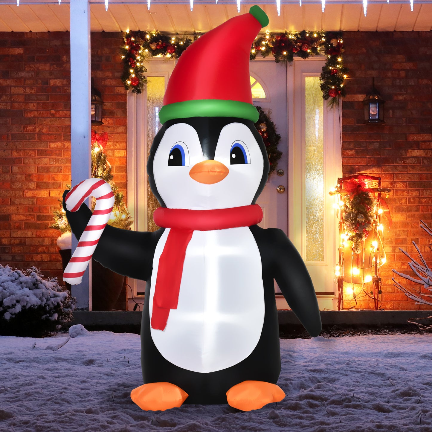 8ft Lighted Inflatable Christmas Penguin w/ Candy Cane for Garden