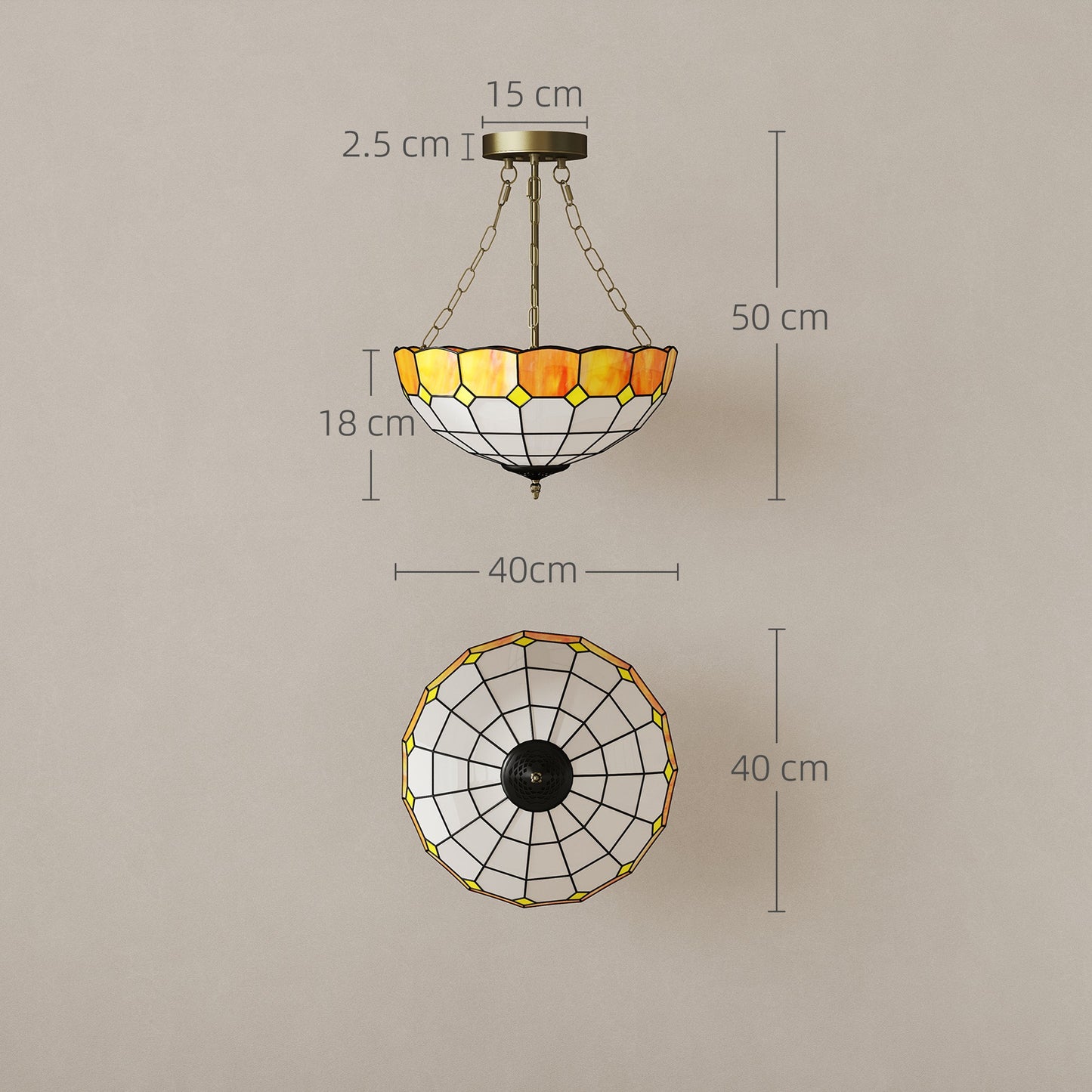 Tiffany Style Ceiling Light, Vintage Chandelier with 3 E27 Sockets