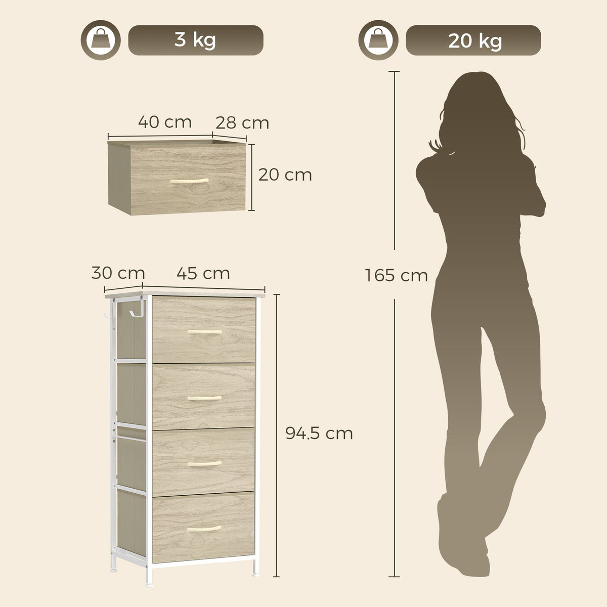 Fabric Chest of Drawers, 4 Drawer Dresser for Bedroom, Natural Wood