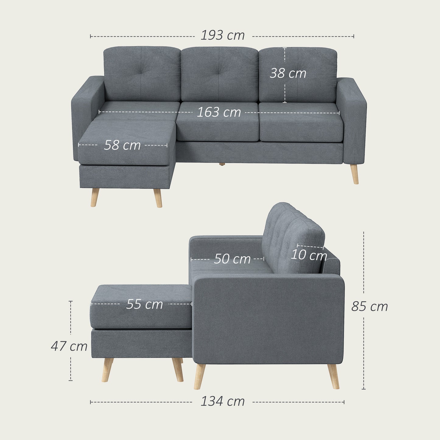 3-Seater L-Shaped Linen Sofa w/ Sponge Seat Back Cushions, Dark Grey