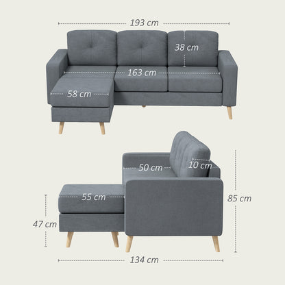 3-Seater L-Shaped Linen Sofa w/ Sponge Seat Back Cushions, Dark Grey