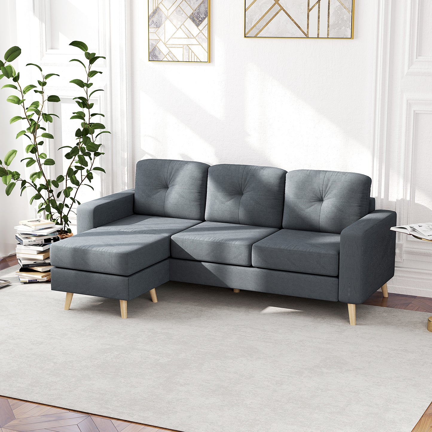 3-Seater L-Shaped Linen Sofa w/ Sponge Seat Back Cushions, Dark Grey