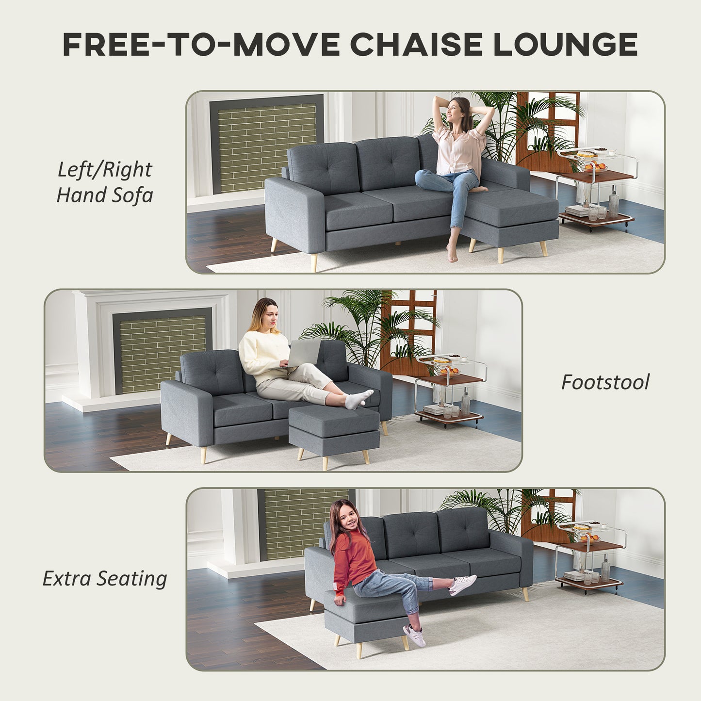 3-Seater L-Shaped Linen Sofa w/ Sponge Seat Back Cushions, Dark Grey
