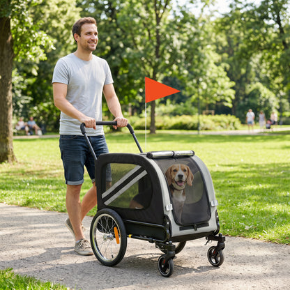 Dog Bike Trailer, 2 in 1 Foldable Pet Stroller Security Harness, Reflectors, Quick Release Wheels, Flag, for Medium Dogs, 134L x 60W x 101H cm, Grey