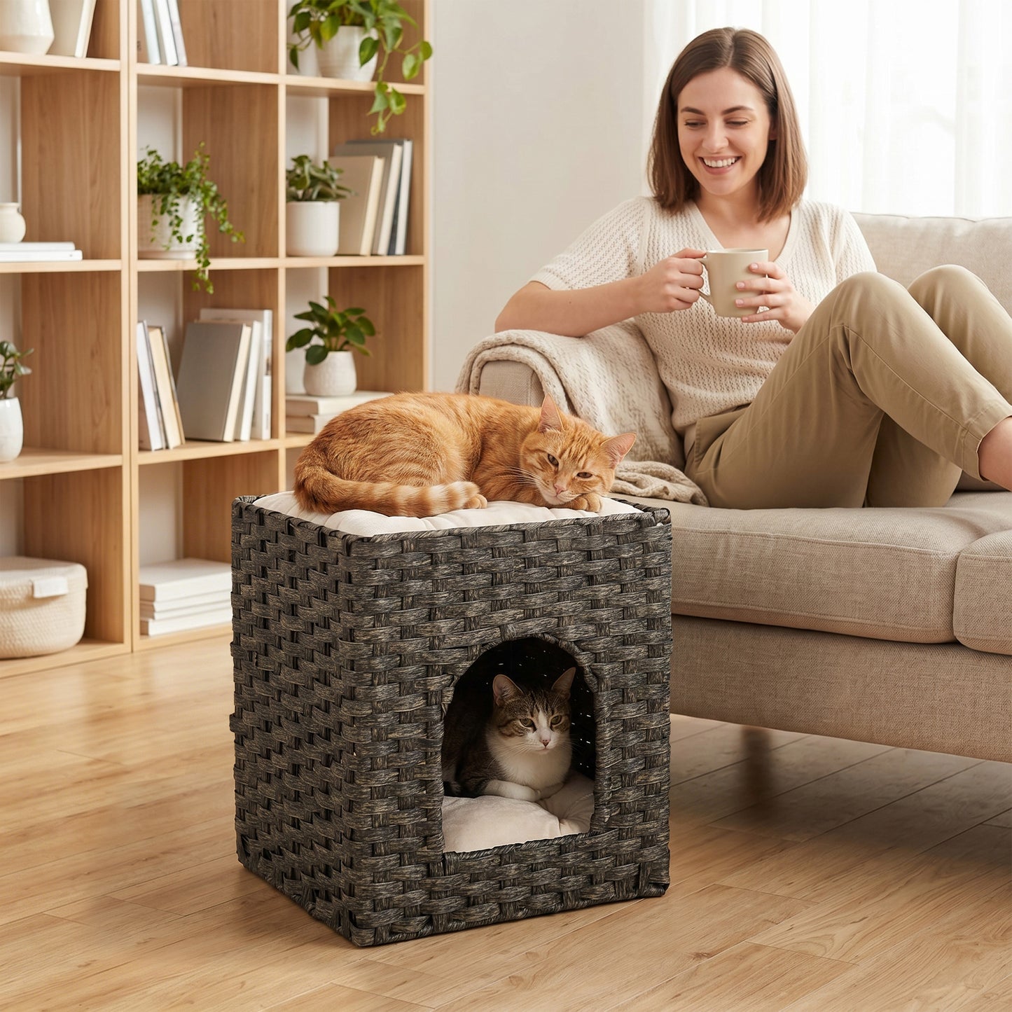 2-Tier Wicker Cat House, Handwoven Rattan Cat Bed with Washable Cushions, Indoor Kitten Condo Hideaway, 43 x 40 x 49 cm, Grey