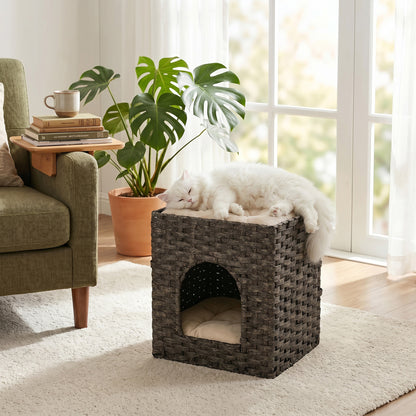 2-Tier Wicker Cat House, Handwoven Rattan Cat Bed with Washable Cushions, Indoor Kitten Condo Hideaway, 43 x 40 x 49 cm, Grey