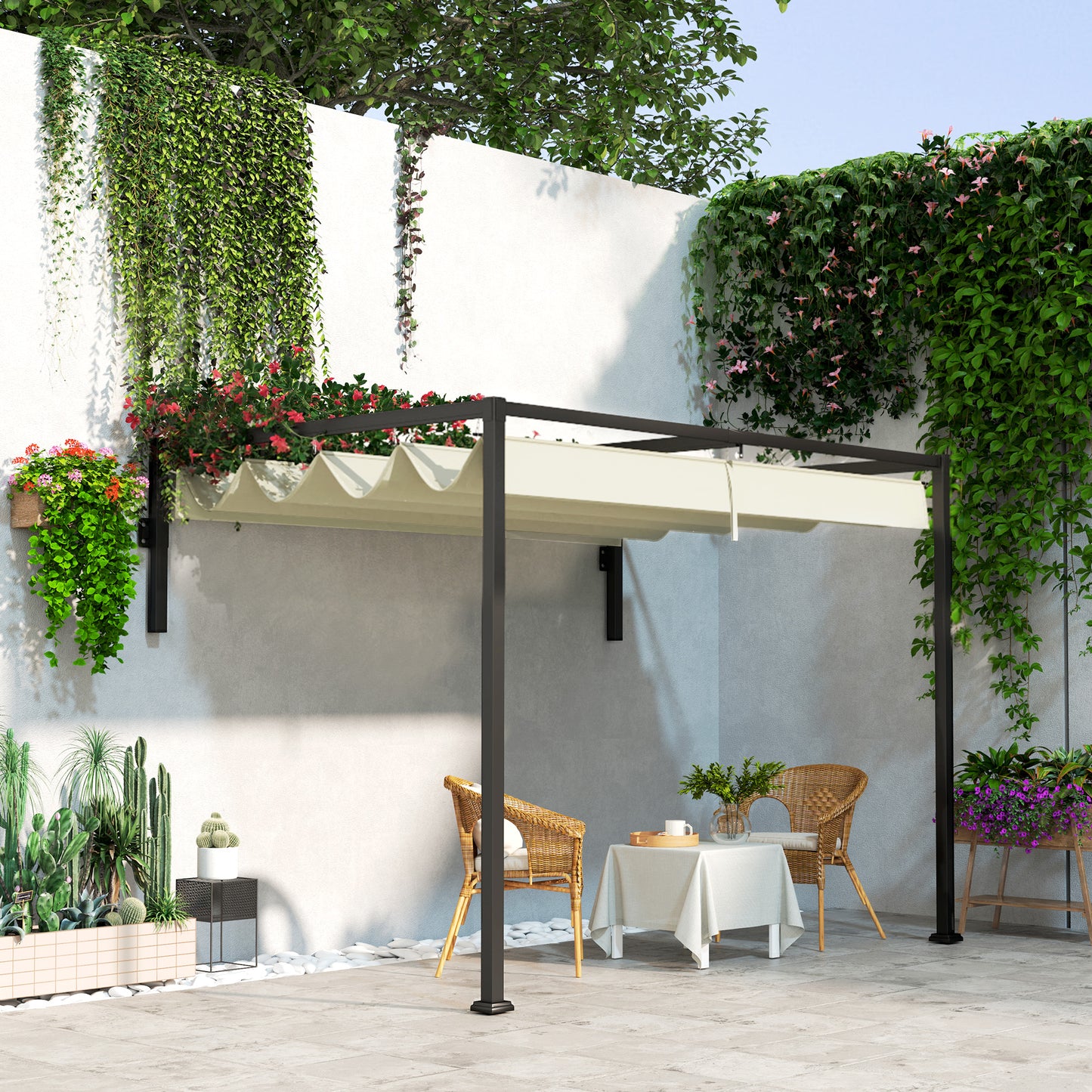 2 x 3(m) Wall Mounted Pergola with Retractable Roof, Khaki