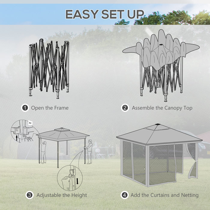 3 x 3(m) Pop Up Gazebo Party Tent with Solar-Powered LED Lights, Adjustable Event Shelter with Curtain, Netting, Khaki