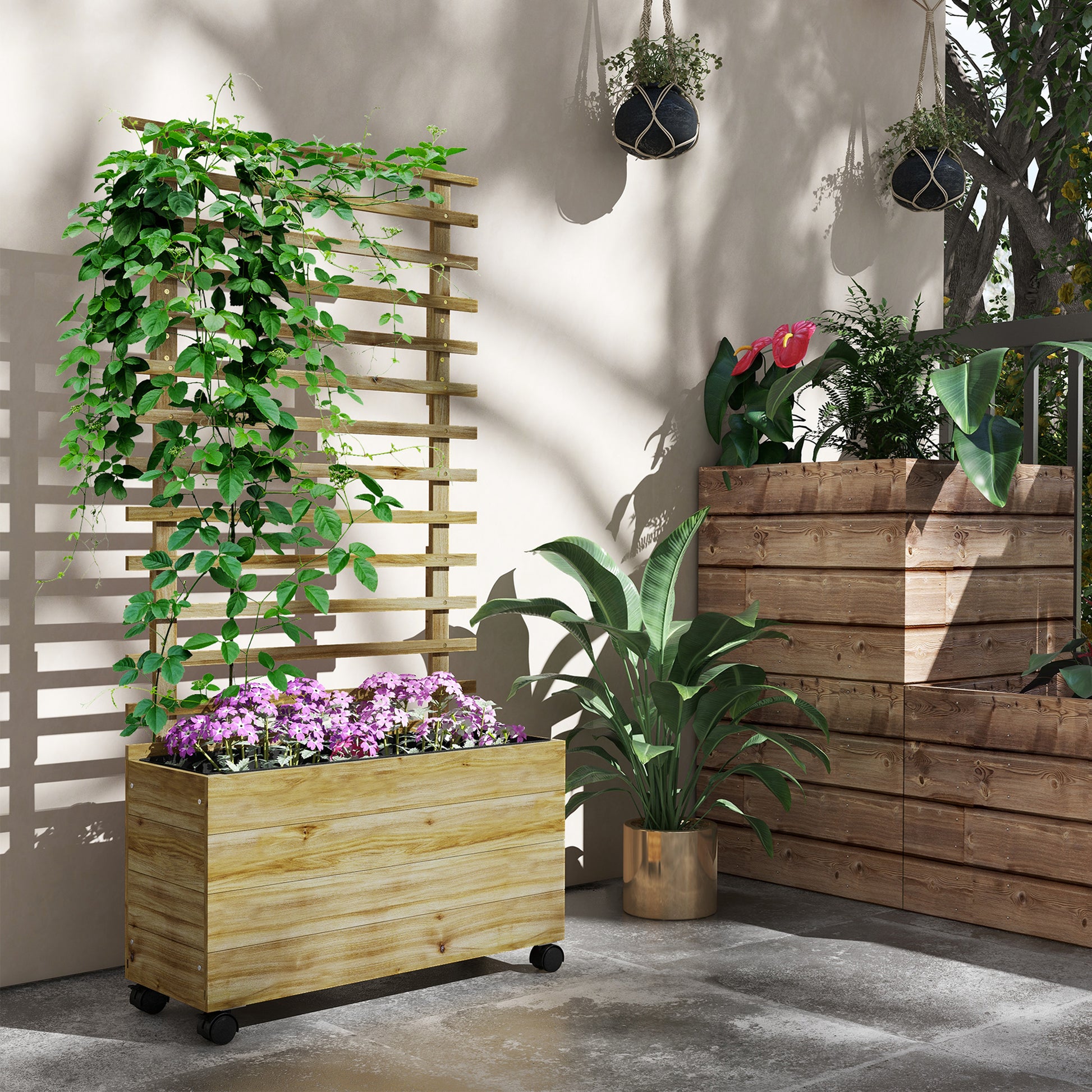 trellis planter box on wheels Wooden Garden Raised Bed with Trellis, Planter Box with 4 Wheels for C – QuidsIn Superstore