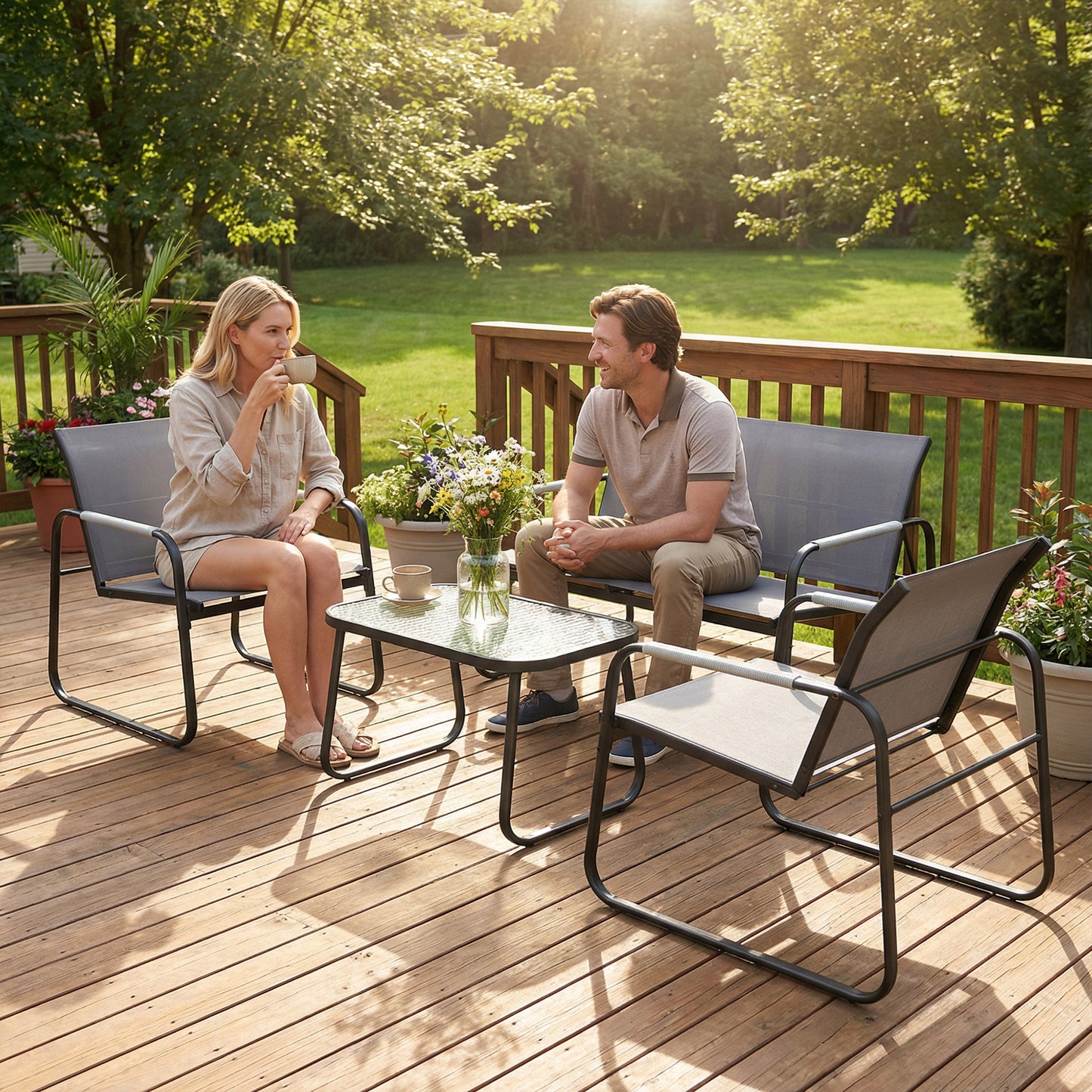 Garden Sofa Set with Loveseat, 2 Armchairs, Tempered Glass Table