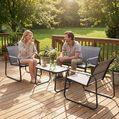 Garden Sofa Set with Loveseat, 2 Armchairs, Tempered Glass Table