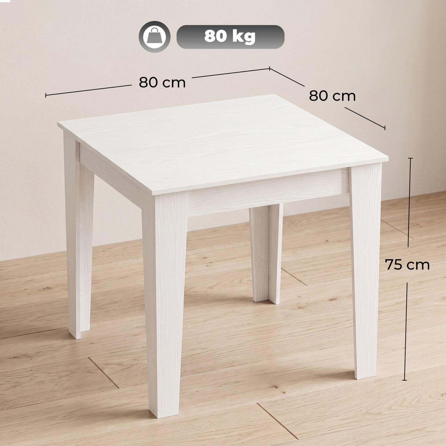Dining Table for 4, 80L x 80W x 75Hcm, White