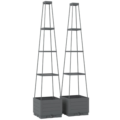 2 Pack Raised Garden Bed with Trellis, Plastic Outdoor Planter Box with Removable Drainage Tray, Tomato Cage for Climbing Plants, Vegetables, Flowers, 28 x 28 x 140 cm