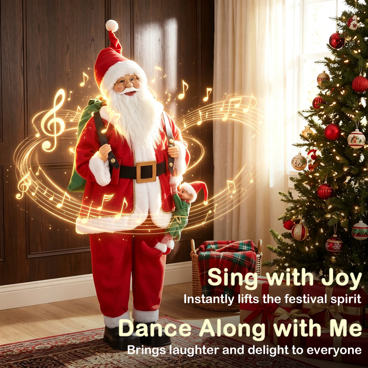 4ft Christmas Singing Dancing Santa Claus with Sack, Hanging Elf