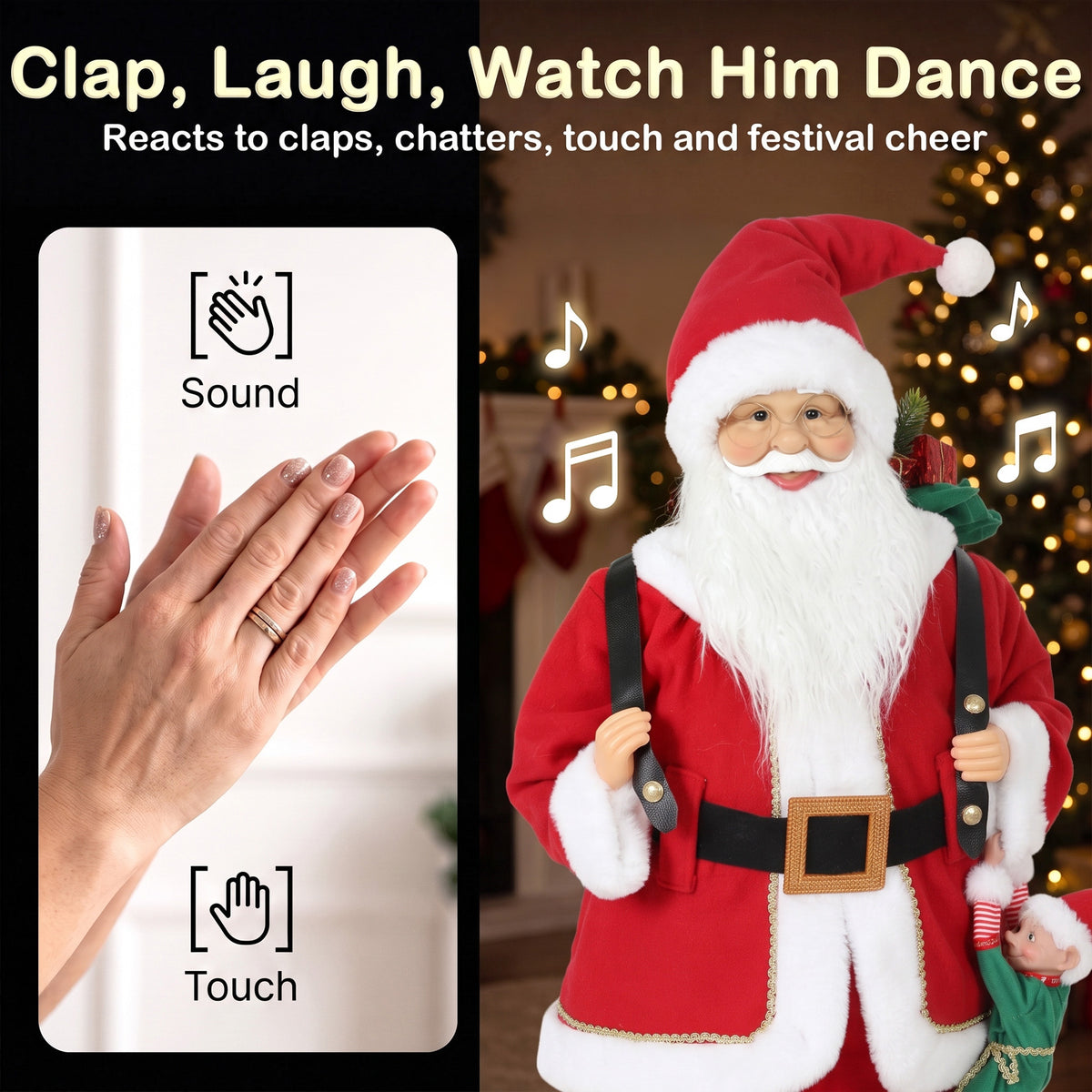 4ft Christmas Singing Dancing Santa Claus with Sack, Hanging Elf