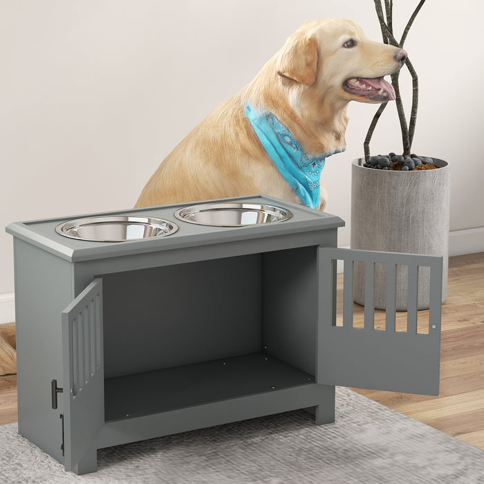 Raised Dog Bowls for Large Dogs, Pet Feeding Station, Doors with Latch, Storage Cabinet, Two Stainless Steel Bowls, Grey