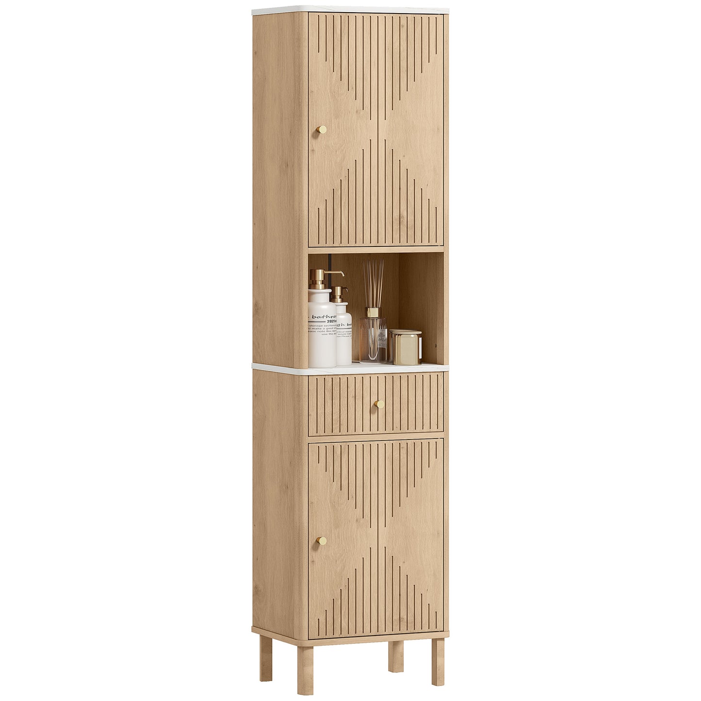 168 cm Tall Bathroom Cabinet with Drawer and Adjustable Shelves, Oak
