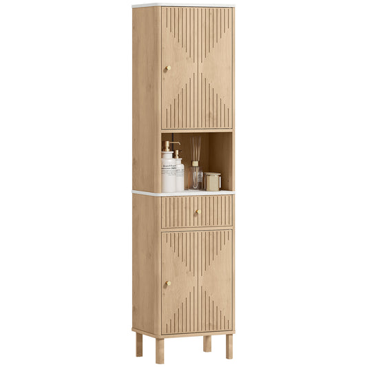 168 cm Tall Bathroom Cabinet with Drawer and Adjustable Shelves, Oak