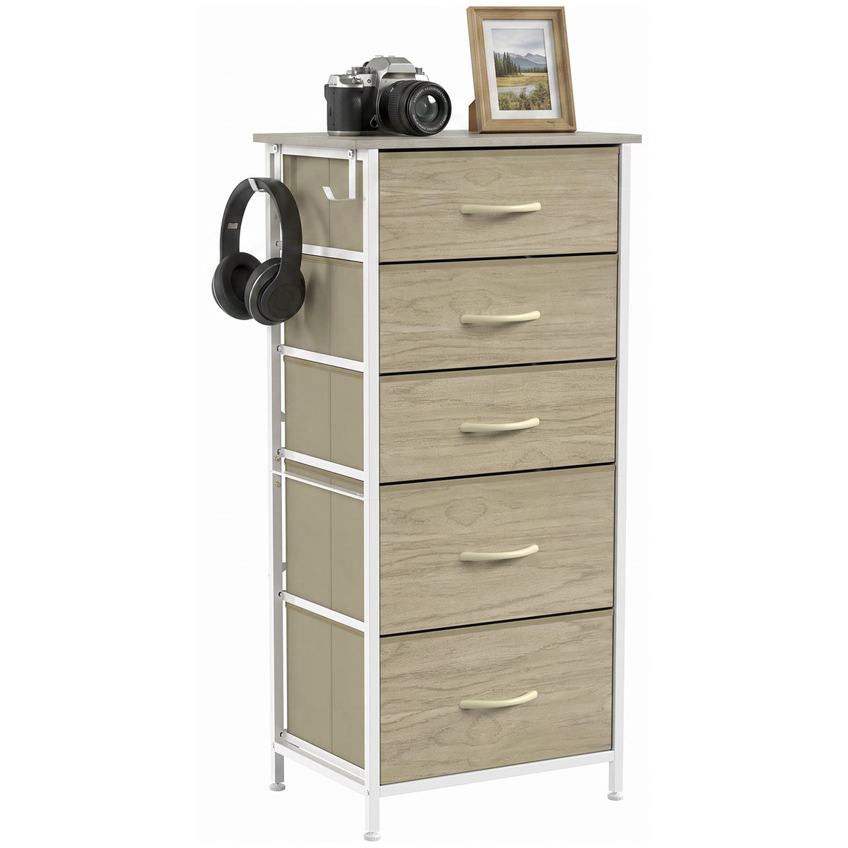 Fabric Chest of Drawers, 5 Drawer Dresser for Bedroom, Natural Wood