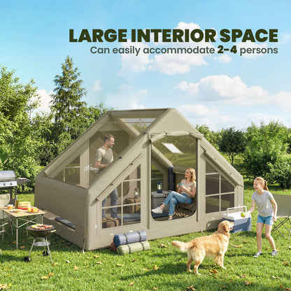 Inflatable Camping Tent with Pump, 2-4 Person Glamping Tent