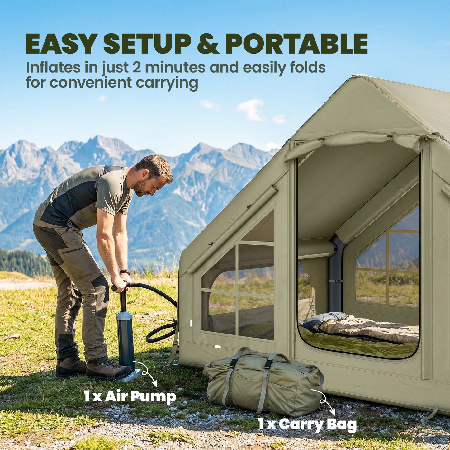 Inflatable Camping Tent with Pump, 2-4 Person Glamping Tent