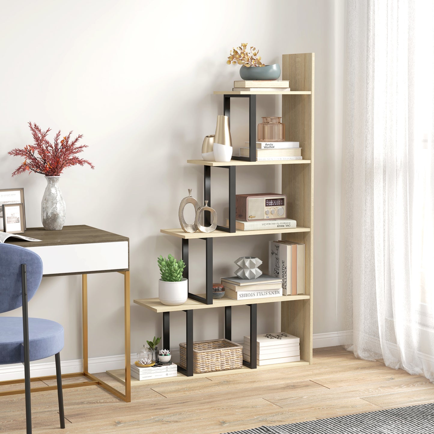 5-Tier Ladder Shelf Display Plant Stand Home Office Ladder Oak