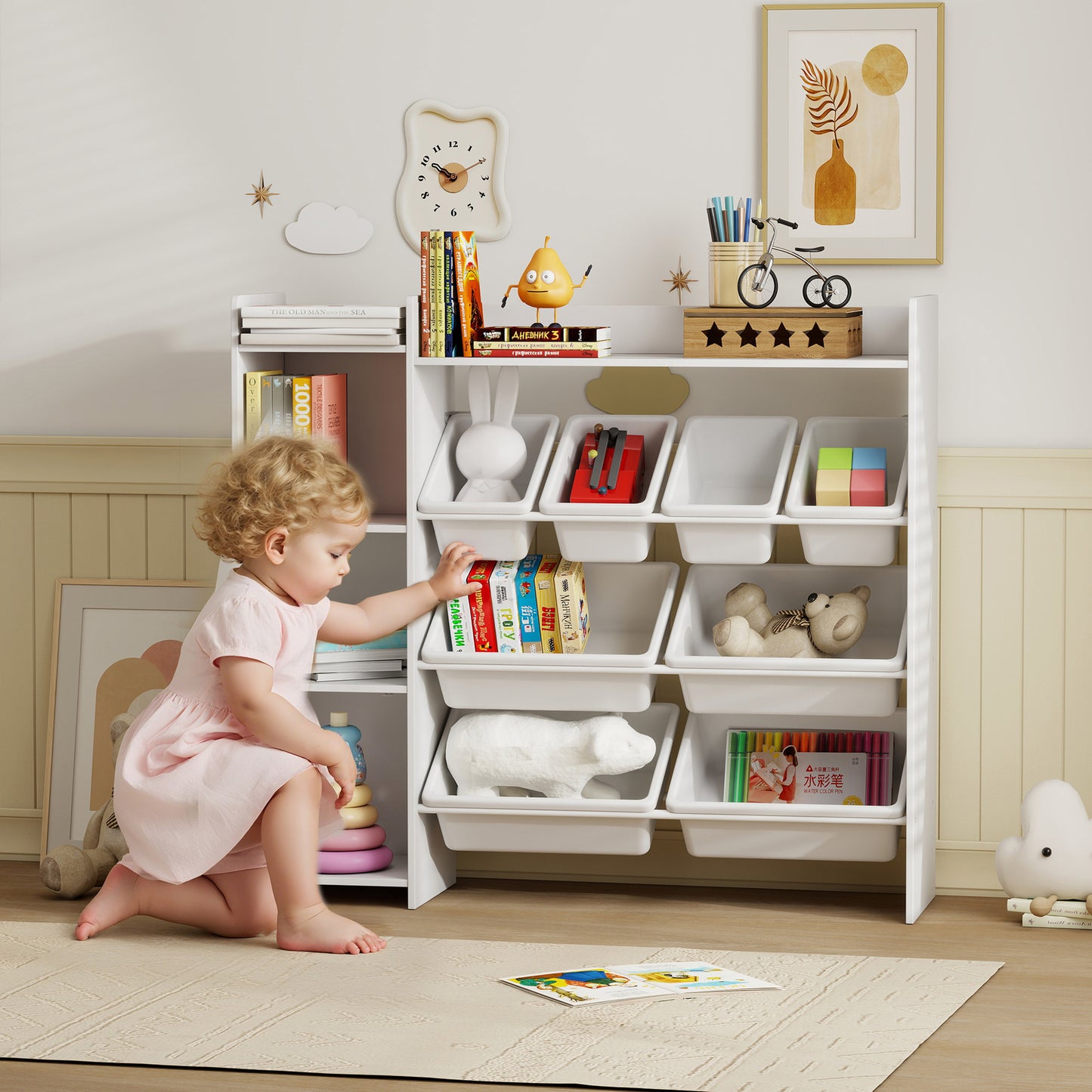 Toy Storage Unit with 8 Removable Bins, Storage Shelves, Cabinet