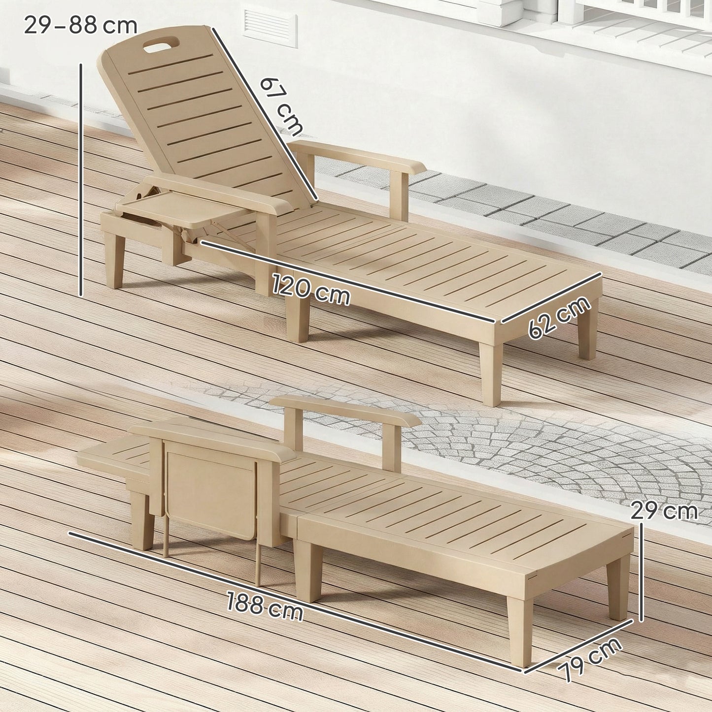 Set of 2 Resin Reclining Sun Loungers for Garden, Khaki