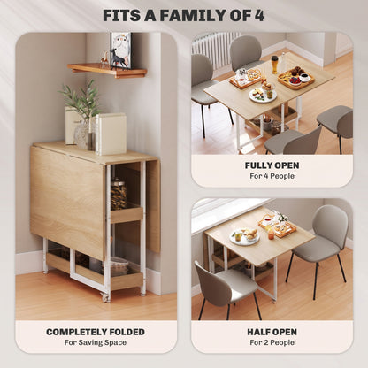 Folding Dining Table, Drop Leaf Table w/ Open Compartments, Natural