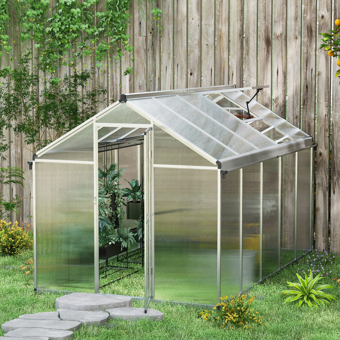 6 x 10ft Polycarbonate Greenhouse with Rain Gutters, Large Walk-In Green House with Window, Garden Plants Grow House with Aluminium