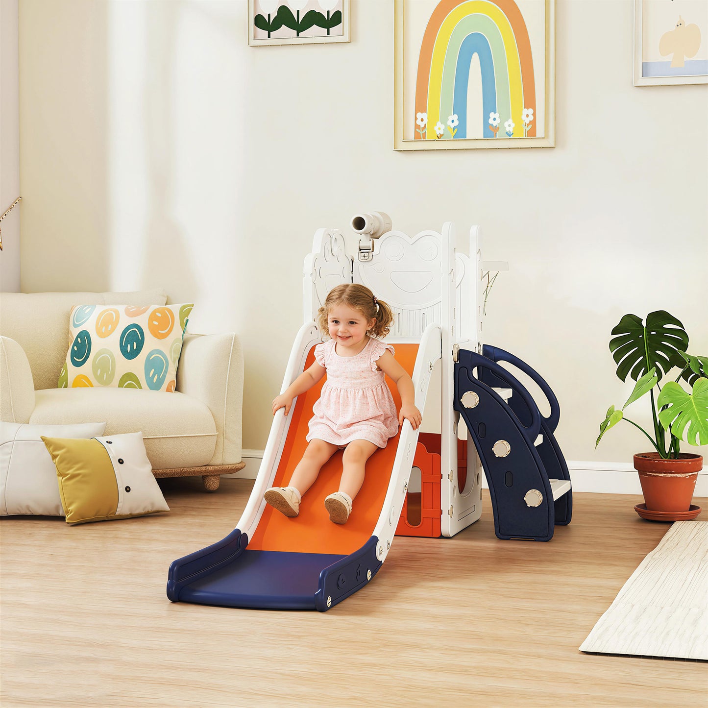 5 in 1 Toddler Slide Set with Basketball Hoop for Age 1-3, Orange