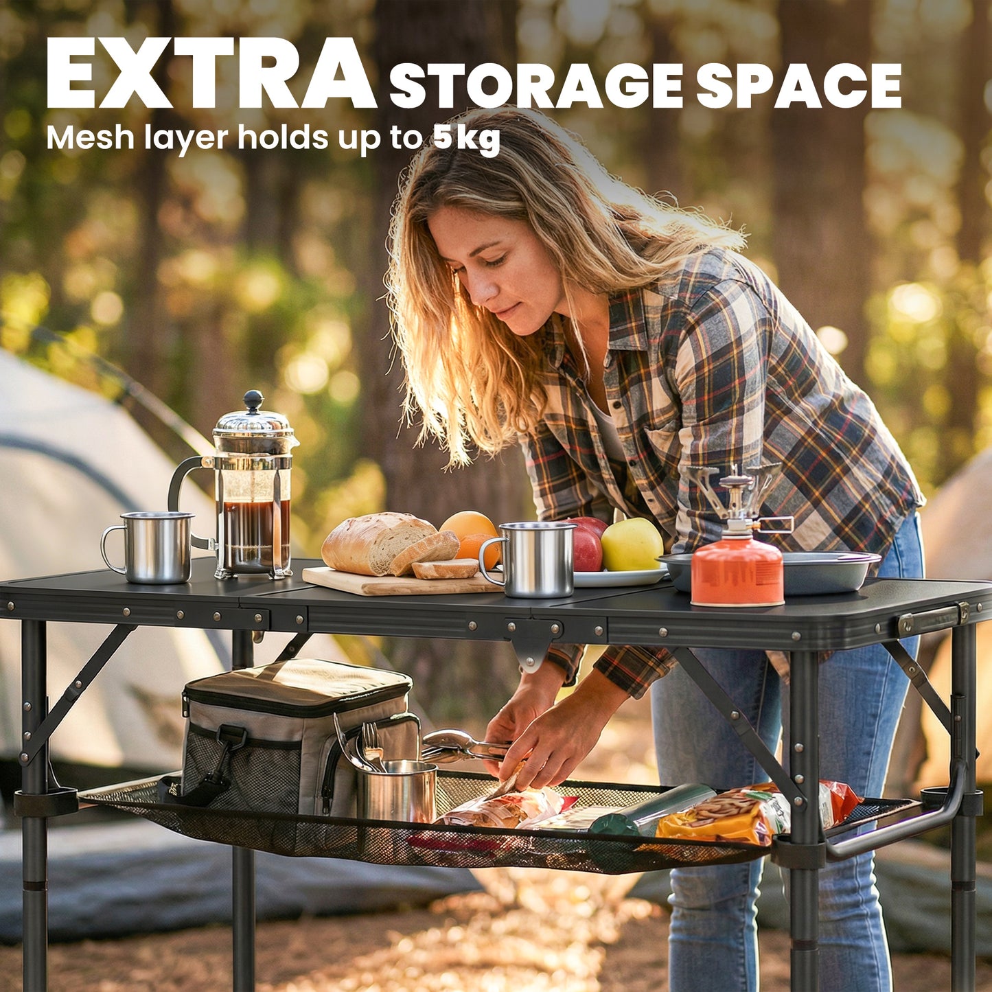 3ft Folding Camping Table, Picnic Table with Storage Layer, Black
