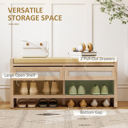 Shoe Bench with 2 Rattan Drawers, Boho Shoe Storage Bench with Linen-Look Cushioned Seat and Open Shelf, for Entryway, Living Room, Bedroom, 105 x 35 x 50 cm, Oak Wood Effect