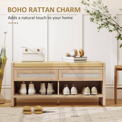 Shoe Bench with 2 Rattan Drawers, Boho Shoe Storage Bench with Linen-Look Cushioned Seat and Open Shelf, for Entryway, Living Room, Bedroom, 105 x 35 x 50 cm, Oak Wood Effect