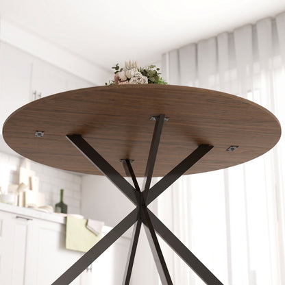 Round Wood-Effect Dining Table for 4 with Steel Cross Legs - Brown & Black