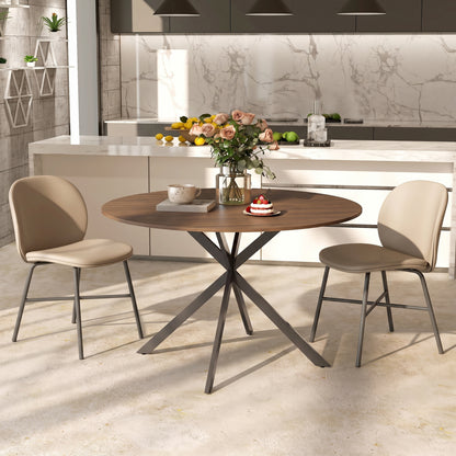 Round Wood-Effect Dining Table for 4 with Steel Cross Legs - Brown & Black