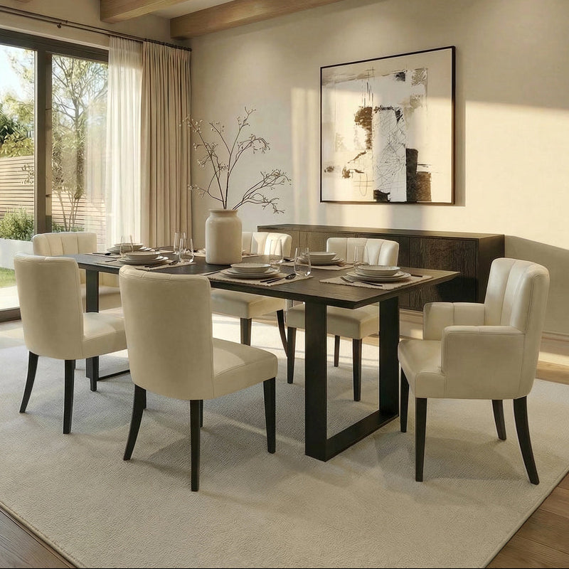 Rocco Black Dining Table and 6 Hatfield Cream Faux Leather Chairs