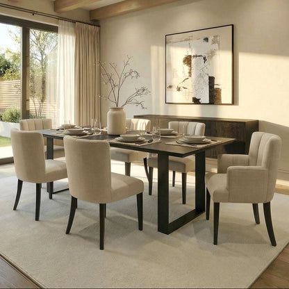 Rocco Black Dining Table and 6 Hatfield Limestone Chairs
