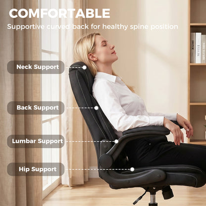 Linen-Look Computer Desk Chair with Thick Cushion, Black
