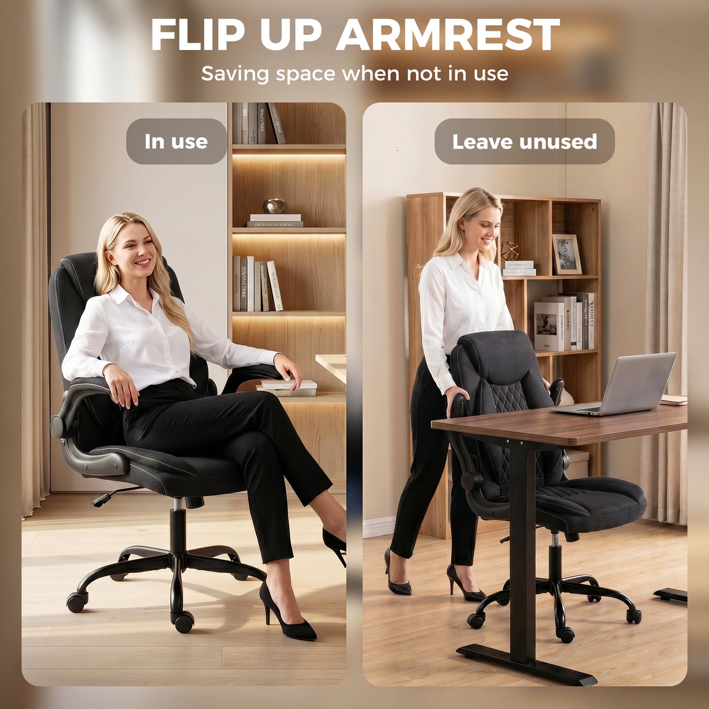 Linen-Look Computer Desk Chair with Thick Cushion, Black