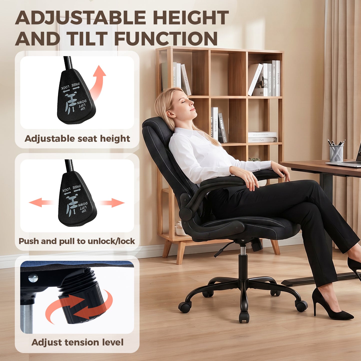 Linen-Look Computer Desk Chair with Thick Cushion, Black