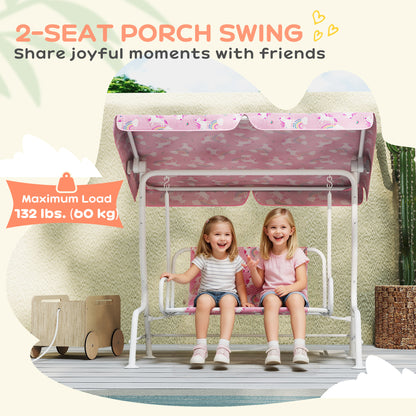 Kids 2-Seater Porch Swing with Seat Belts, Adjustable Canopy Pink