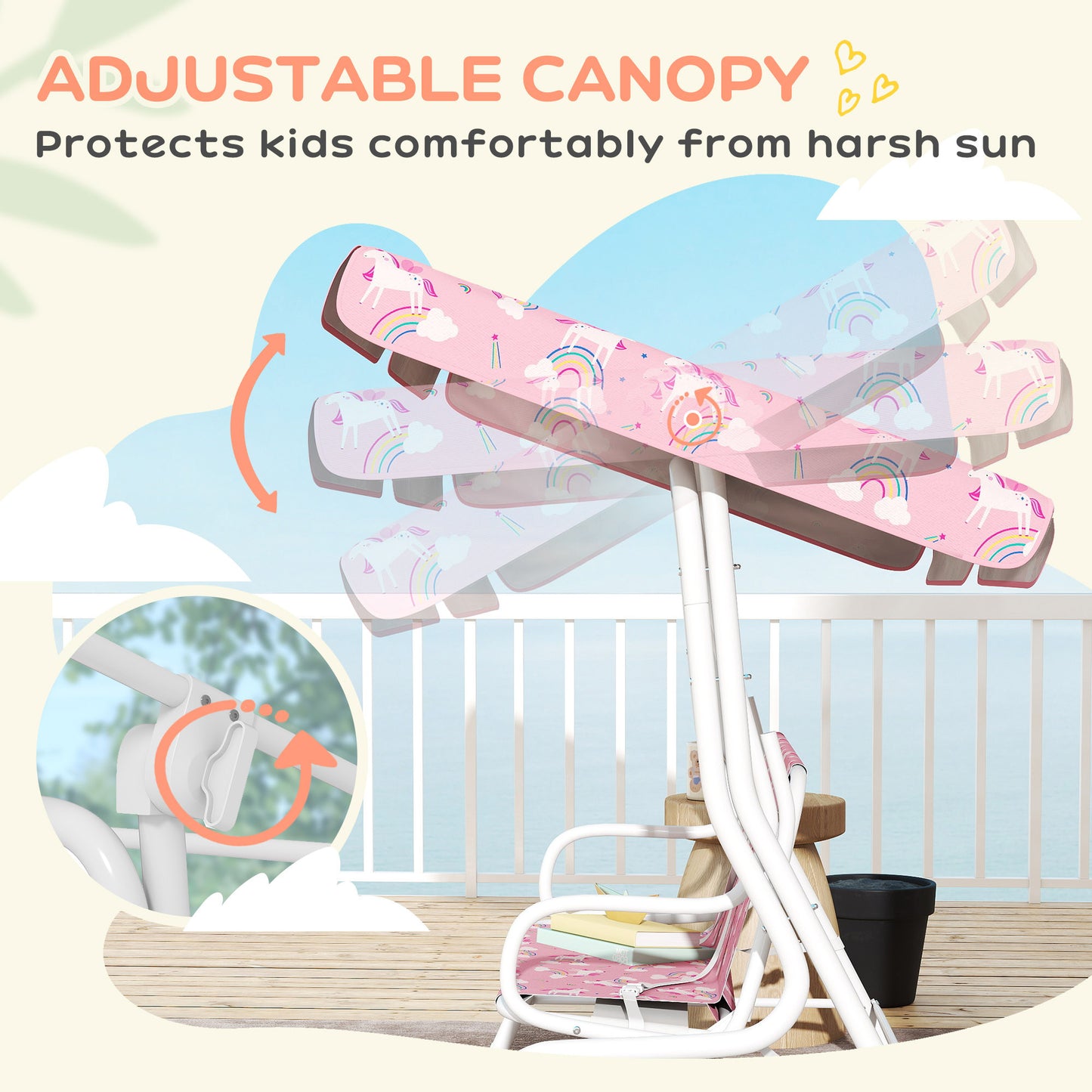 Kids 2-Seater Porch Swing with Seat Belts, Adjustable Canopy Pink